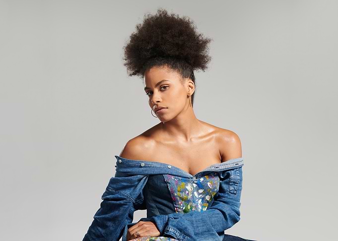 zazie beetz in Denim Off-Shoulder Top