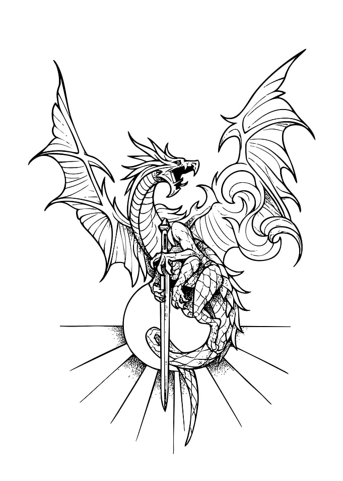 Dragon with Sword Black and White