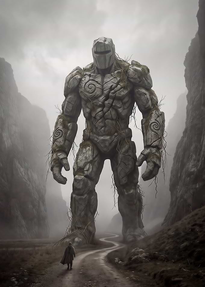 Stone Golem in Misty Landscape