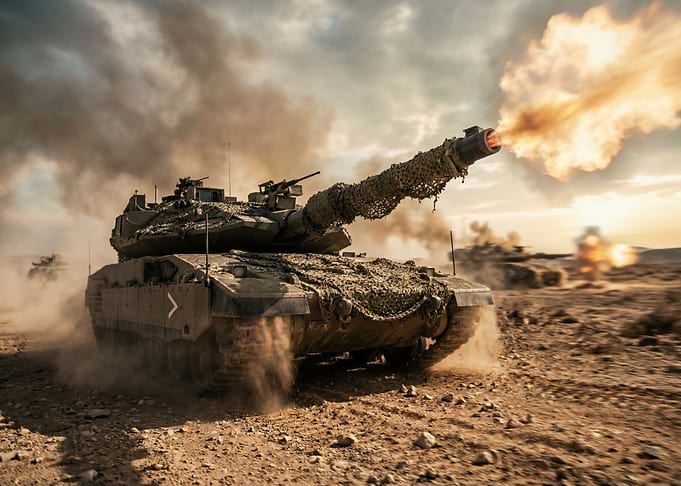 Tank firing in desert landscape