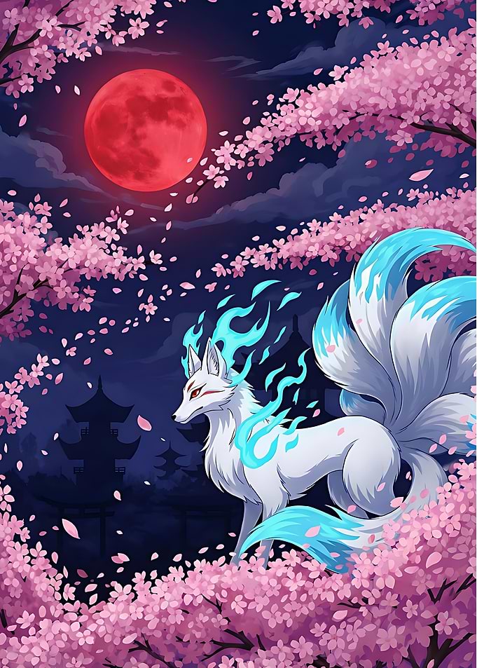 Nine-tailed Fox Under a Red Moon
