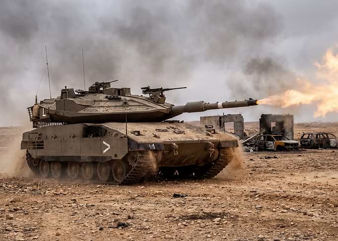 Tank firing in a desert landscape