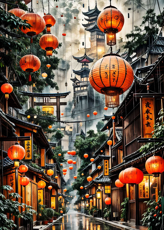 Japanese Street with Lanterns and Pagodas