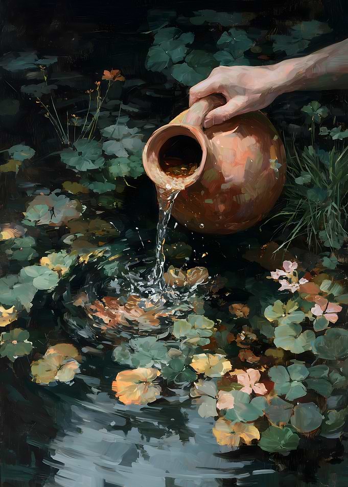 Watering Can in Lily Pond Painting