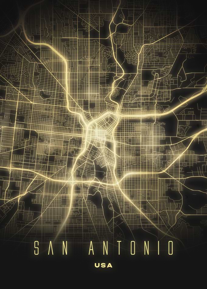 San Antonio, Texas - Luminous Street Grid Poster, USA Urban Decor
