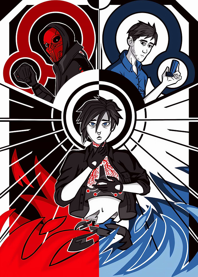 Duality: Red, Blue, and Central Figure