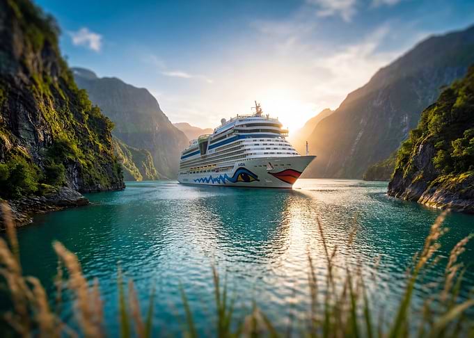 Cruise ship in a fjord landscape