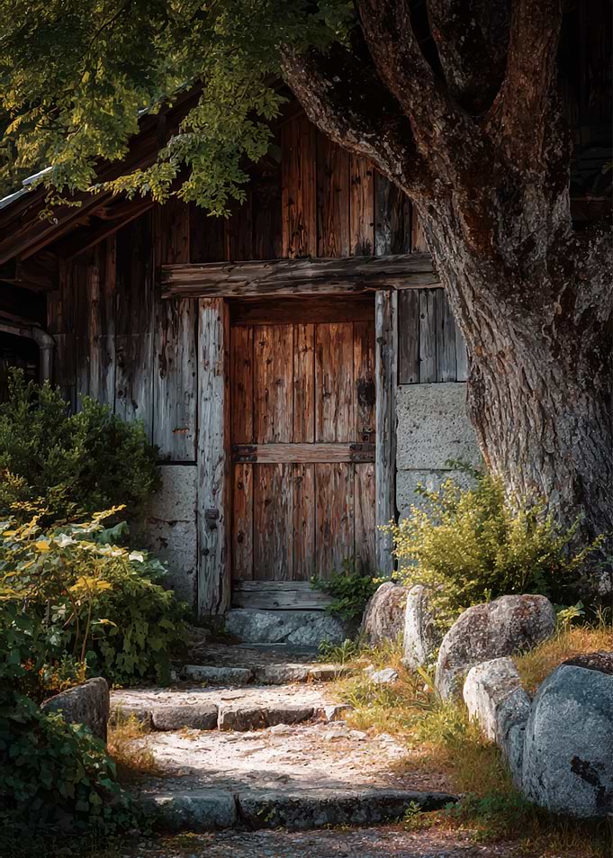 Rustic Wooden Doorway with Stone Steps