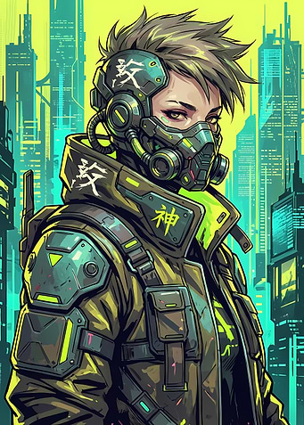 Cyberpunk Character with Mask in Cityscape