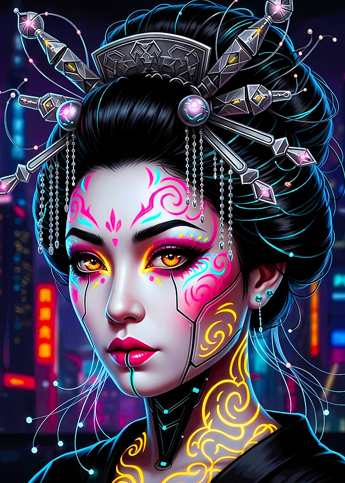 Cyberpunk Geisha with Neon Accents