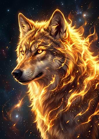 Fiery Wolf Portrait in Space