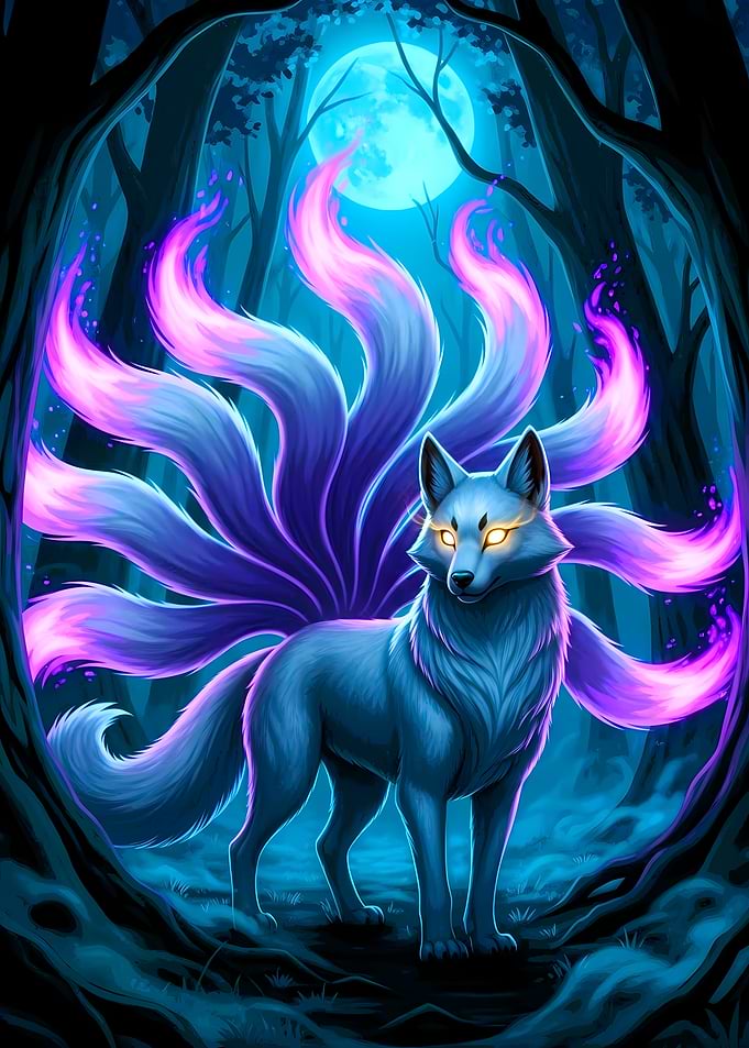 Nine-tailed fox in a dark forest