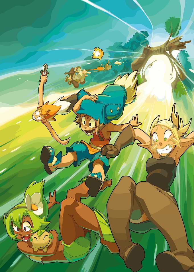 Wakfu characters running through a forest