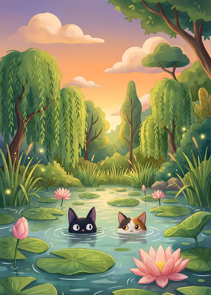 Cats in a Lily Pond in Forest