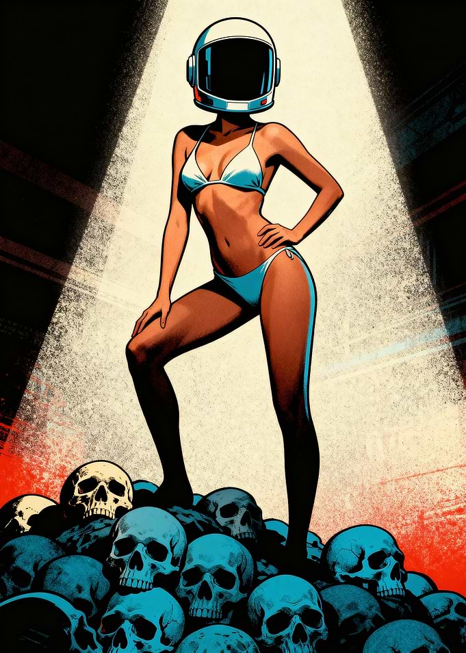 Retro Astronaut Bikini Girl on Skulls