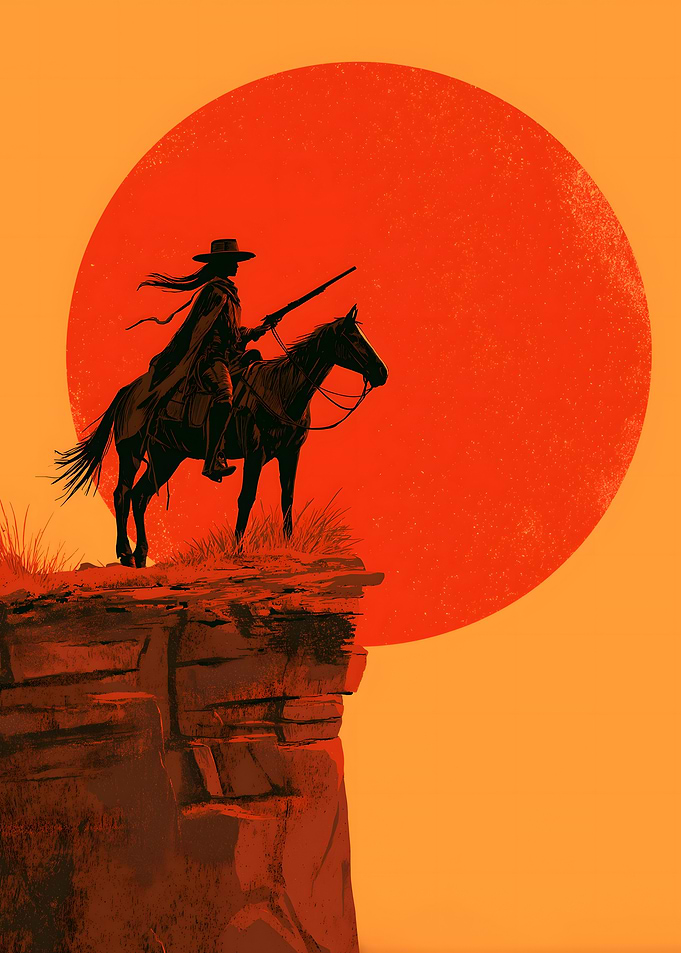 Western Rider Silhouette Against Red Sun