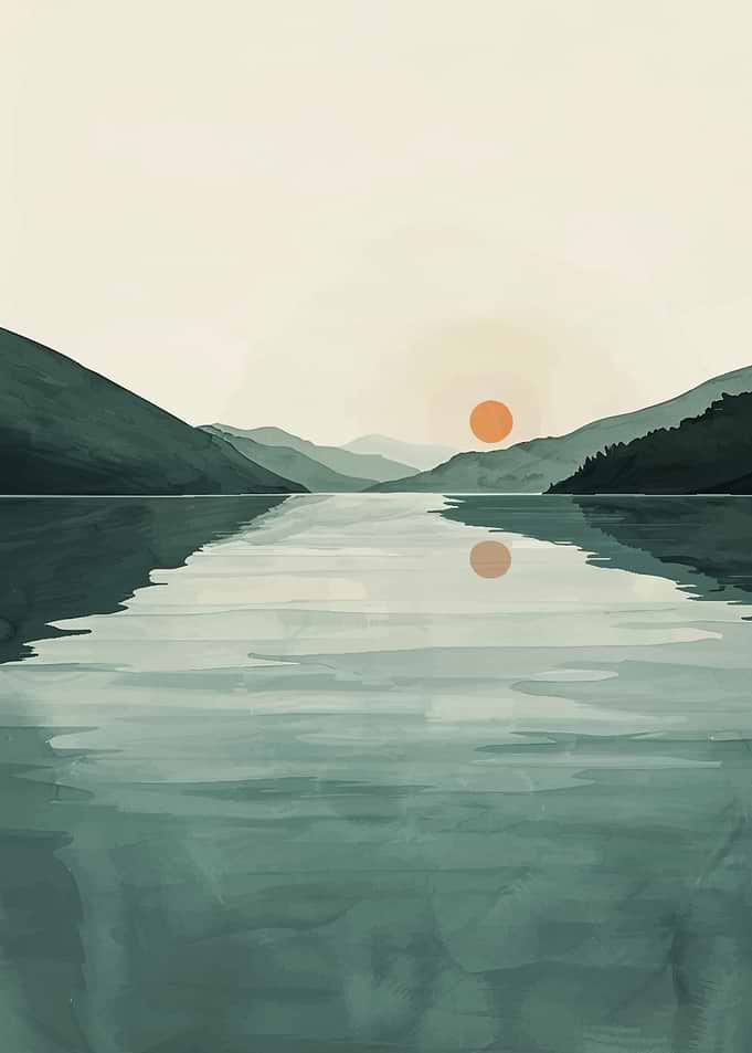 Serene Lake Sunset Landscape Painting