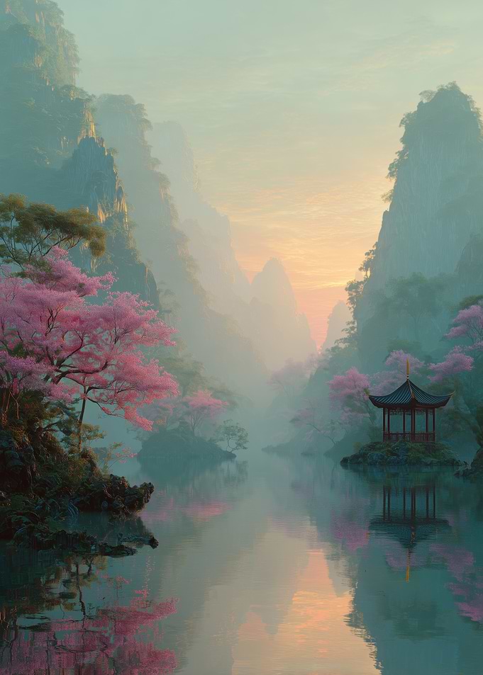 Serene Asian Landscape with Pagoda