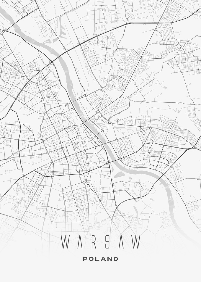 Warsaw, Poland - Minimal White City Map, Wall Art Print