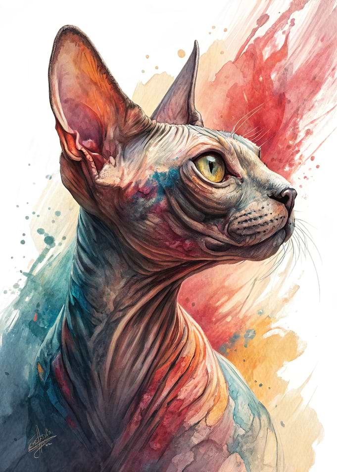 Watercolor Sphynx Cat Portrait