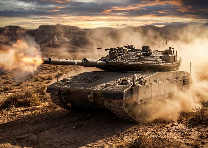 Tank firing in desert landscape