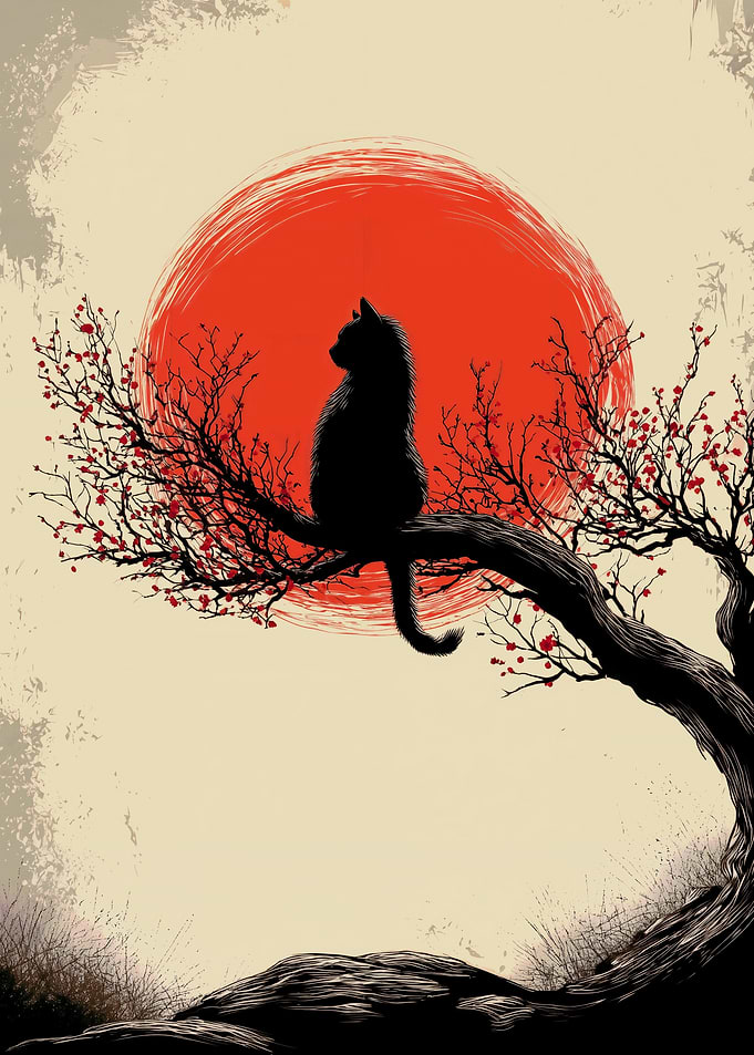 Japanese Black Cat under Red Sun