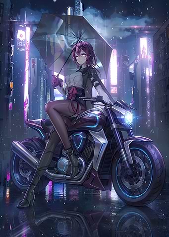Anime Girl on Motorcycle in Rainy City