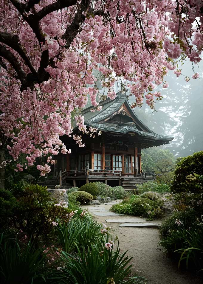Japanese Garden with Cherry Blossoms