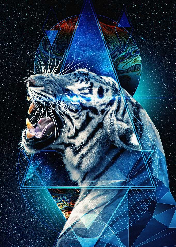 White Tiger Roar with Geometric Overlay