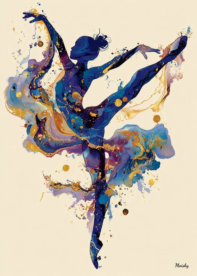 Fluid Ink Ballerina – Blue and Gold Abstract Dance Art