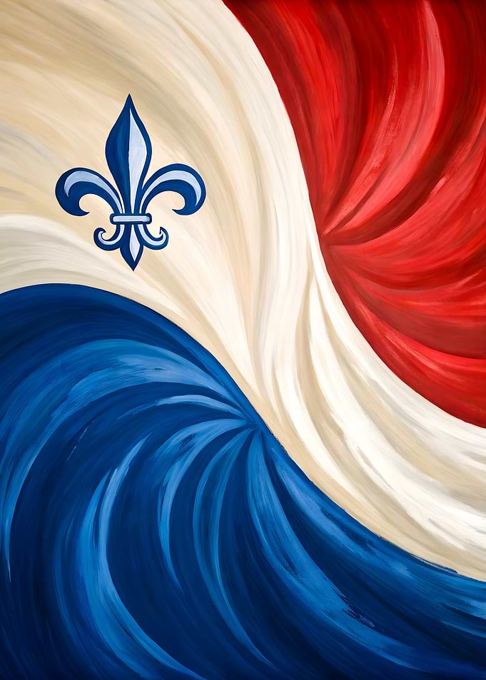 French Flag Inspired Abstract Art with Fleur-de-lis and Fluid Waves Painting