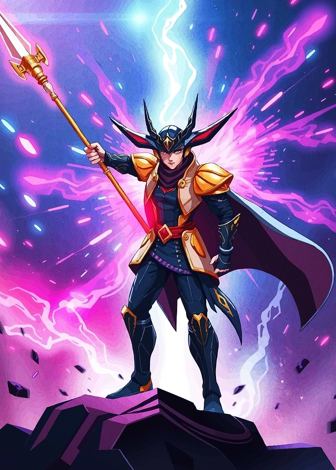 Anime Warrior with Spear in Storm