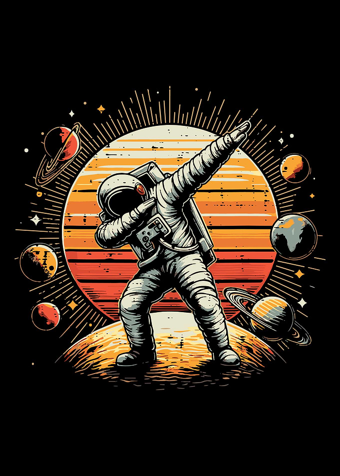 Dabbing Astronaut Poster, Retro Space Wall Art, Funny Cosmic Illustration Print