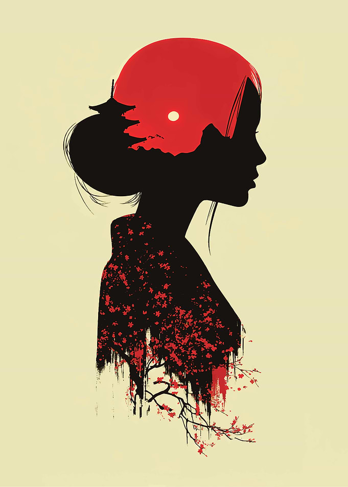 Japanese Silhouette with Landscape and Kimono