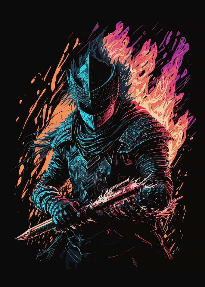 Neon Knight with Sword and Flames