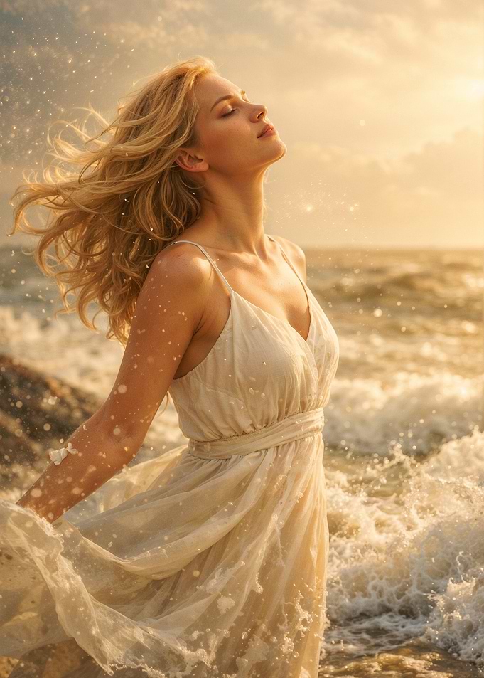 Woman in white dress by ocean