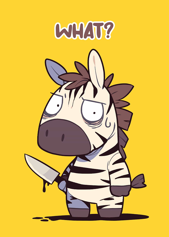 Cartoon Zebra with Knife, 'WHAT?'