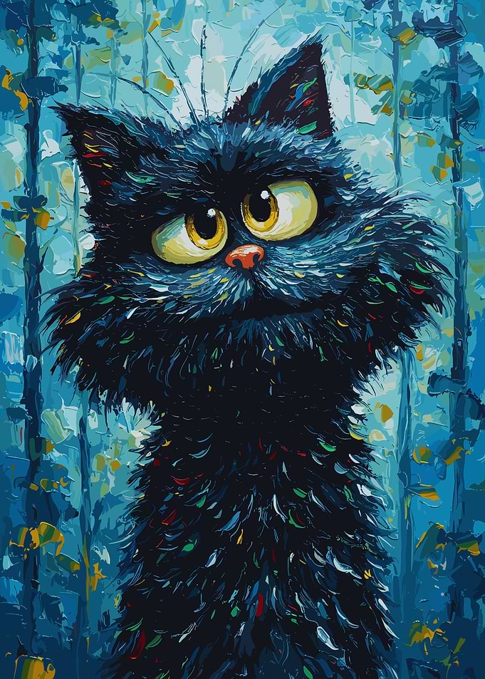 Whimsical Black Cat Painting