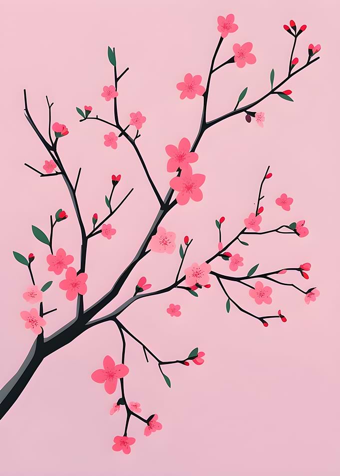 Cherry Blossom Branch on Pink Background