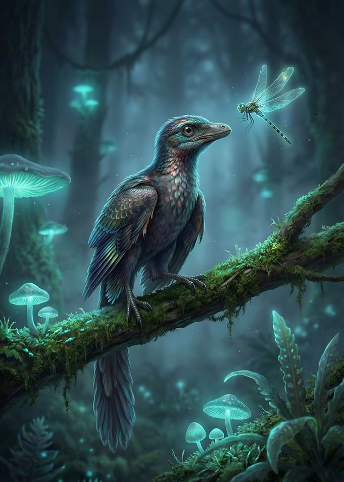 Archaeopteryx and Dragonfly in Enchanted Forest