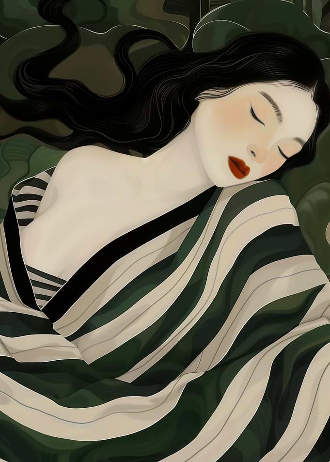 Sleeping Japanese Woman with Striped Blanket