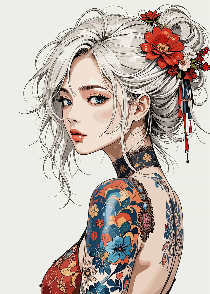 Anime Girl with Floral Tattoo and Hair