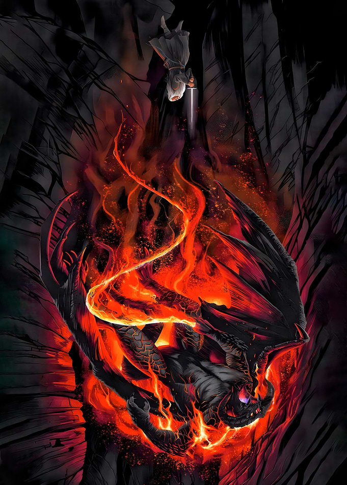 Dragon and Warrior in Fiery Battle