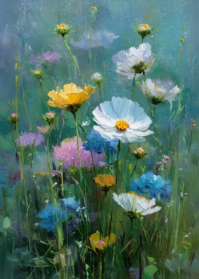 Floral Painting: Colorful Cosmos Flowers