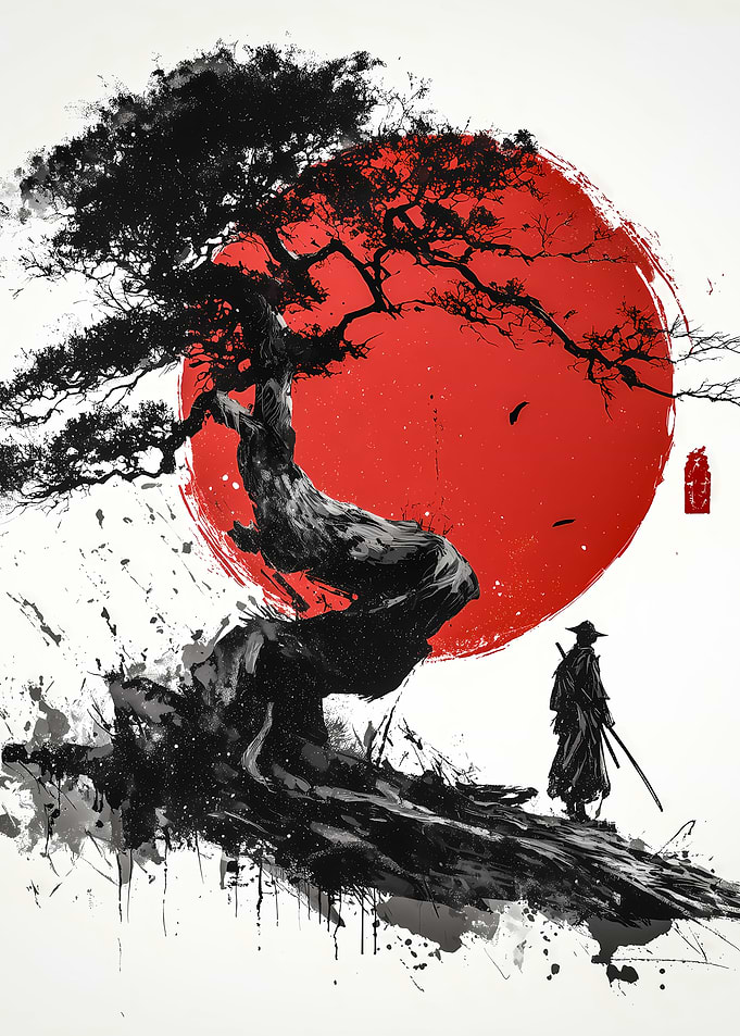 Samurai, Tree, and Rising Sun Art