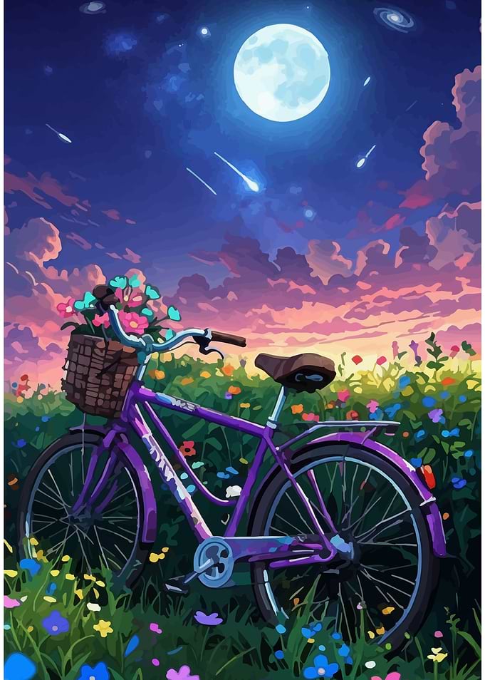 Purple bicycle in a flower field