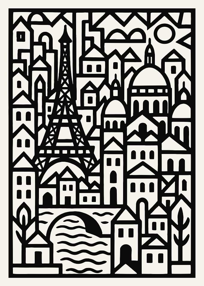 Paris Cityscape Black and White Illustration