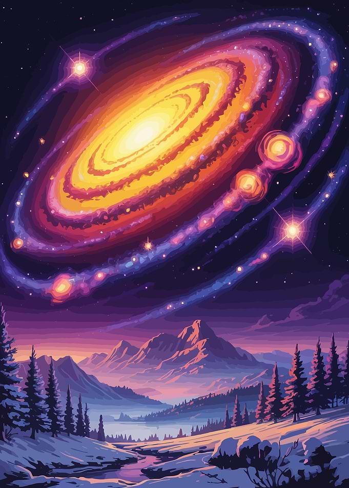 Winter Landscape with Galaxy Above