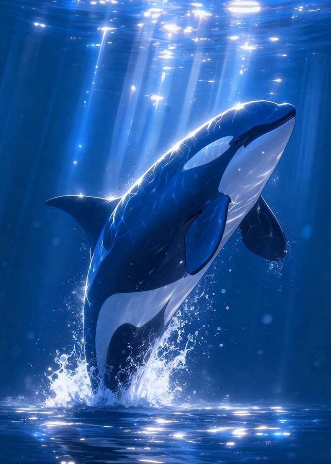 Orca breaching in blue ocean waters