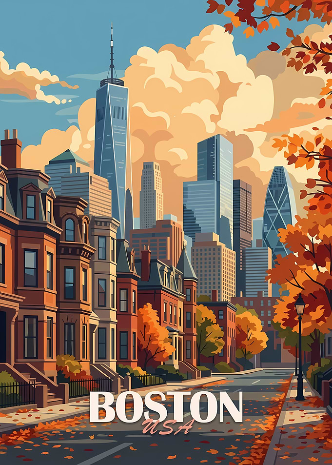 Boston USA Autumn Cityscape Illustration
